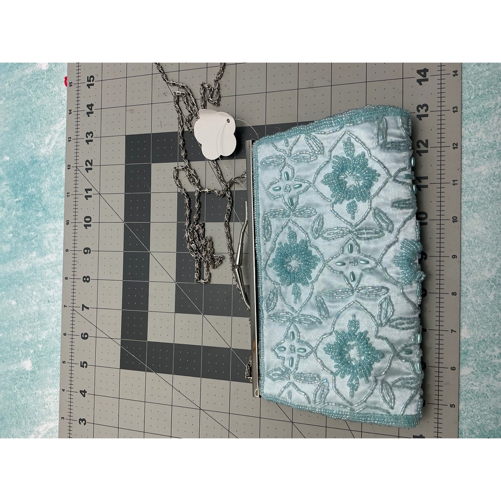Light Blue Beaded Floral Evening Clutch Bag with Silver Chain Strap Kiss Lock